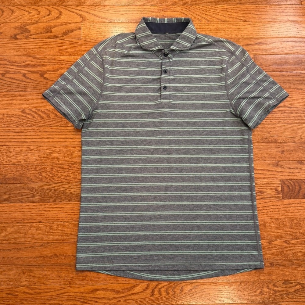 Lululemon Propel Luxtreme Polo Shirt Mens Medium Golf Stretch Gray Green Striped